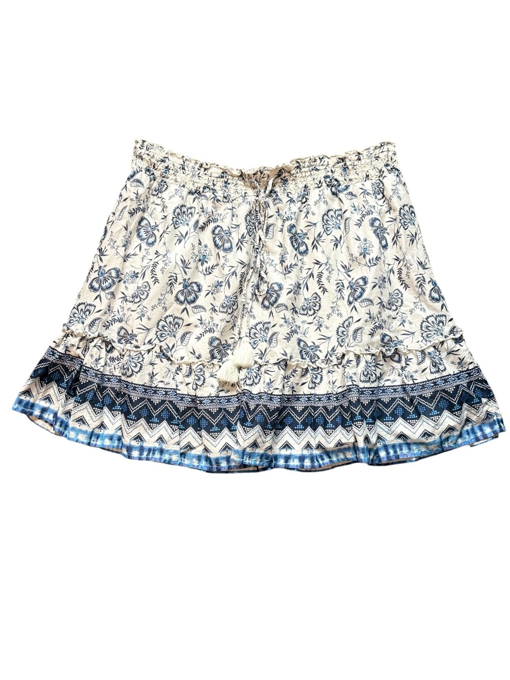 Beach Lunch Lounge Boho Blue and White Floral Mini Skirt Tassel Tie Size Large